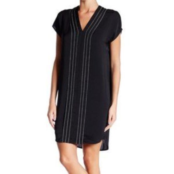 VINCE Black VEE Short Sleeve Caftan Embroidered Shift Dress - Picture 3 of 9